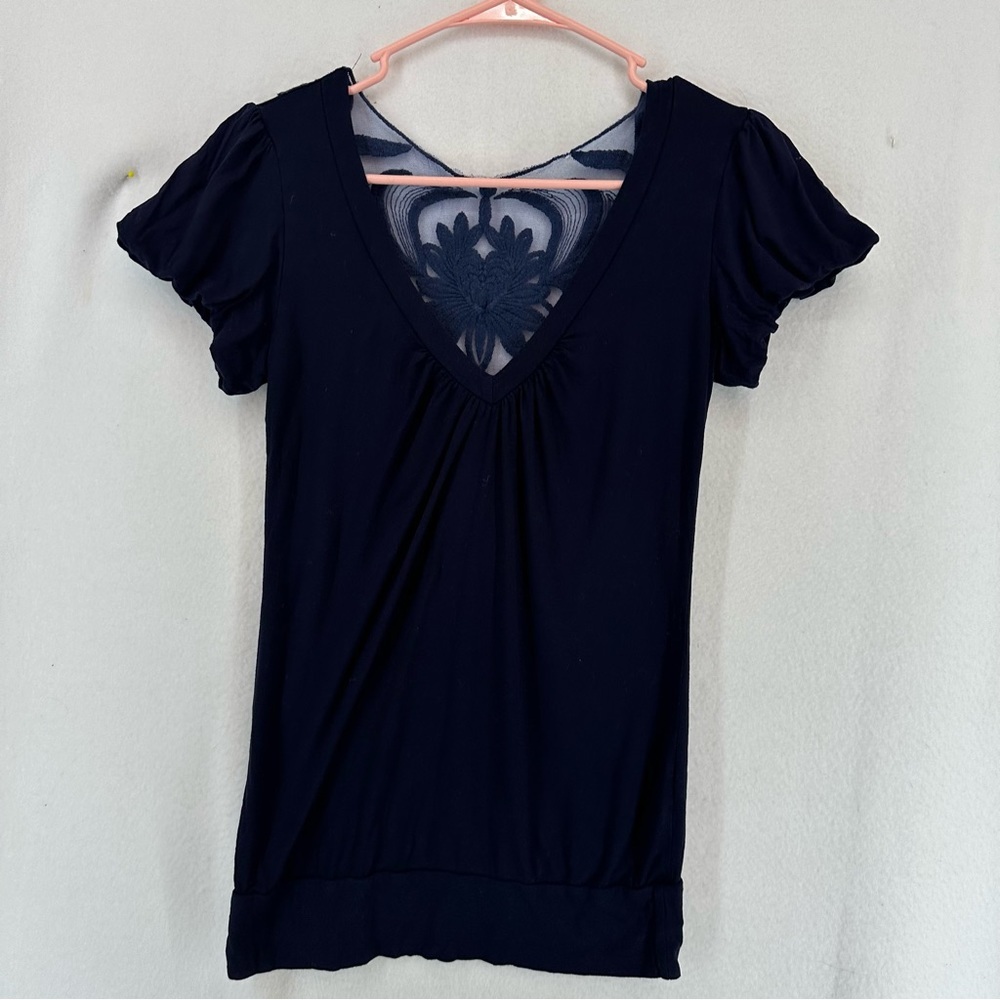Charlotte Russe Short Sleeve Ruffle Mesh Floral V Neck Medium Blue